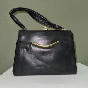 VINTAGE 1960s Gray Leather Handbag With Gold Trim